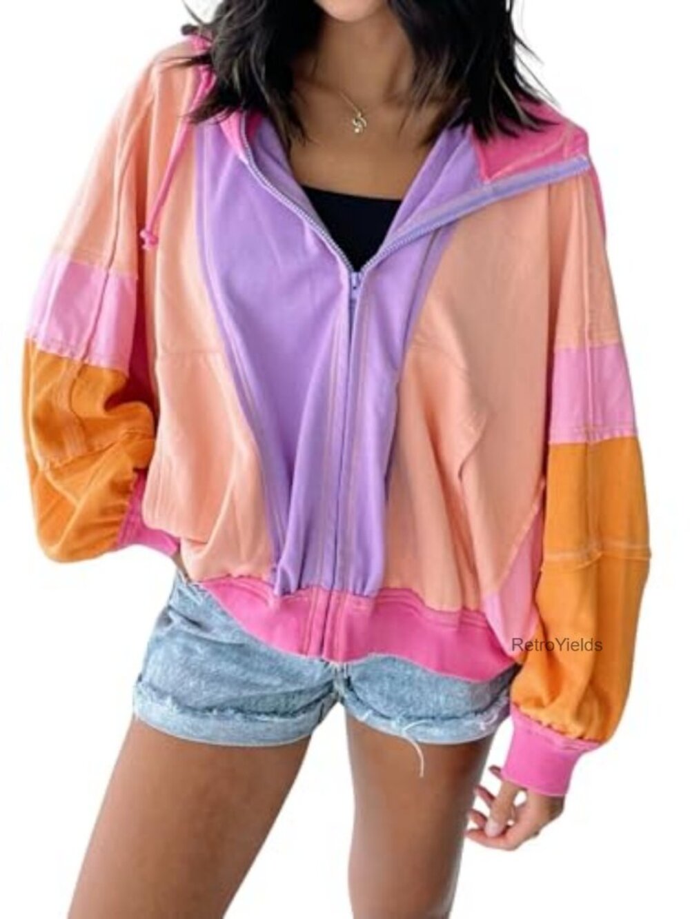 Women's Color Block Zip Up Hooded Jacket Oversized Lightweight Patchwork